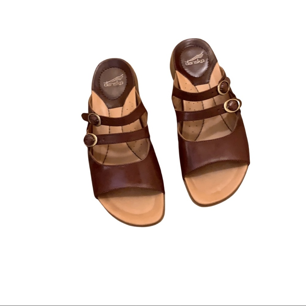 Dansko Brown Leather Slide Sandals with Buckle Straps